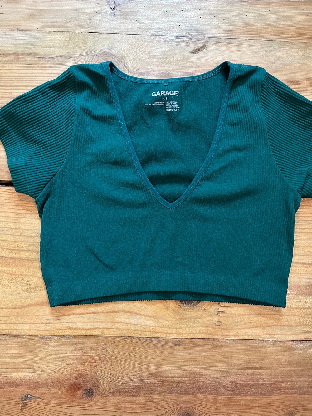 GARAGE S Green Ribbed Deep-V Neck Crop Top SS
